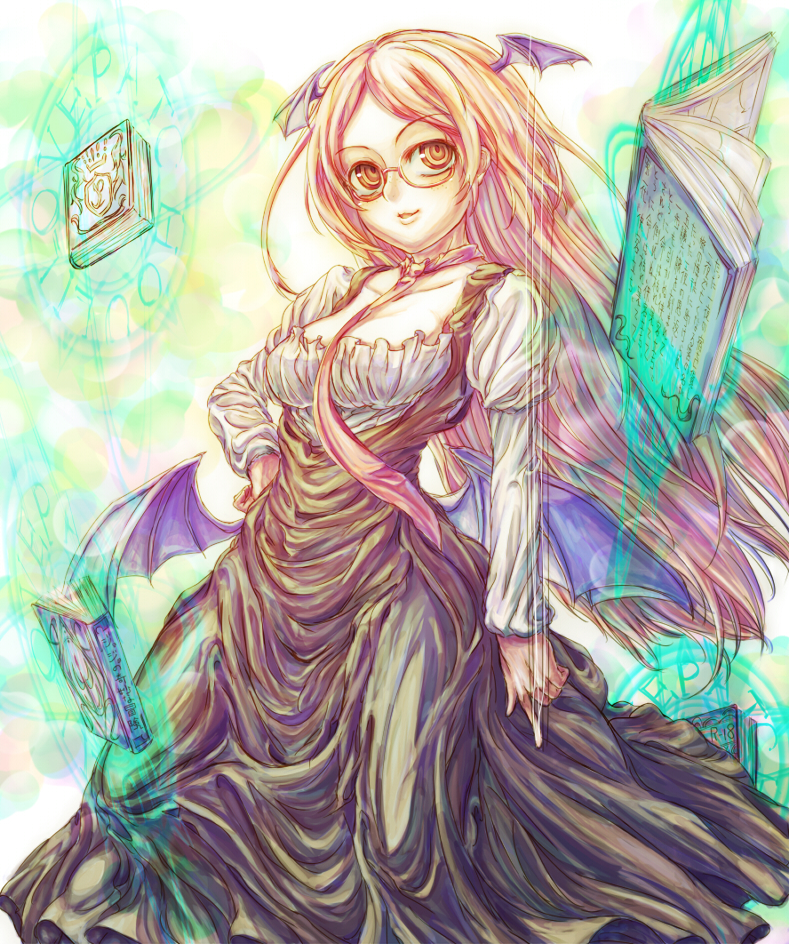 bat_wings, bespectacled, book, demon_wings, dress, glasses, hand_on_hip, head_wings