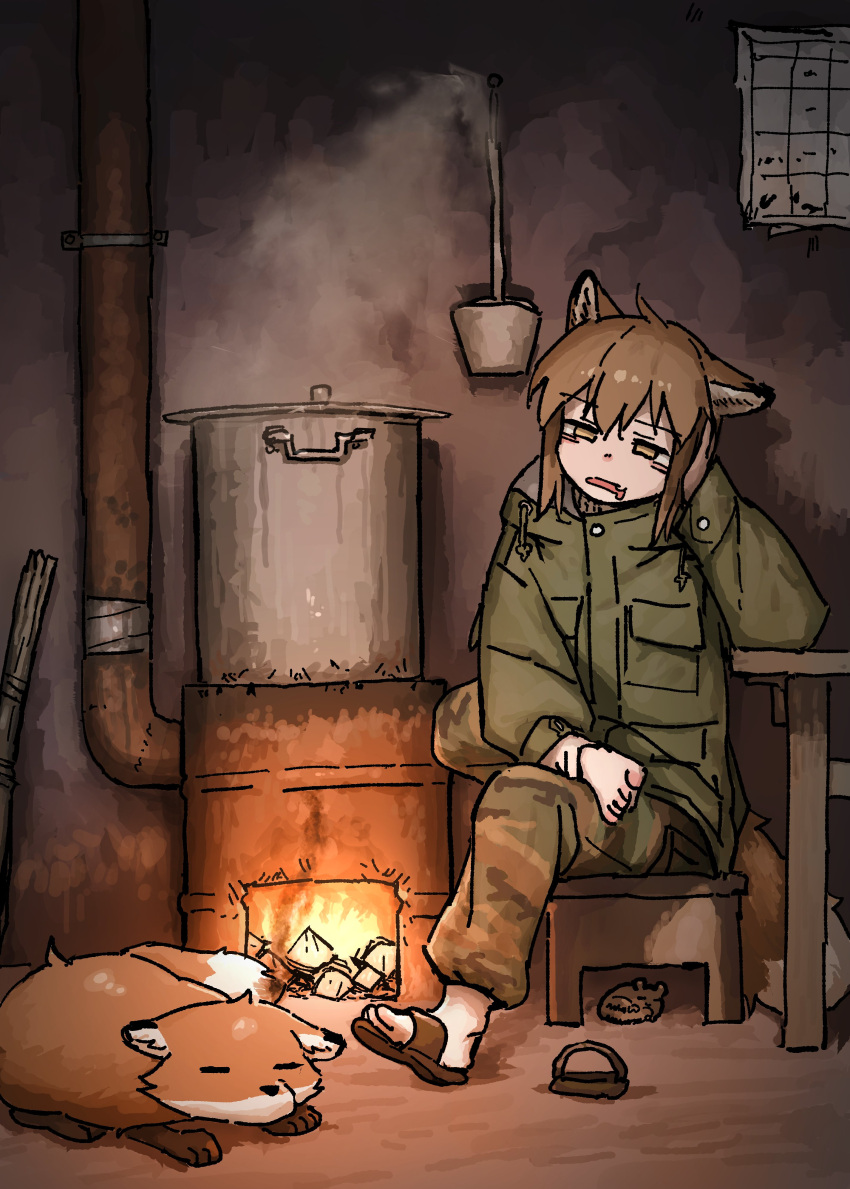 1girl, absurdres, animal, animal_ears, brown_eyes, brown_hair, camouflage, camouflage_pants