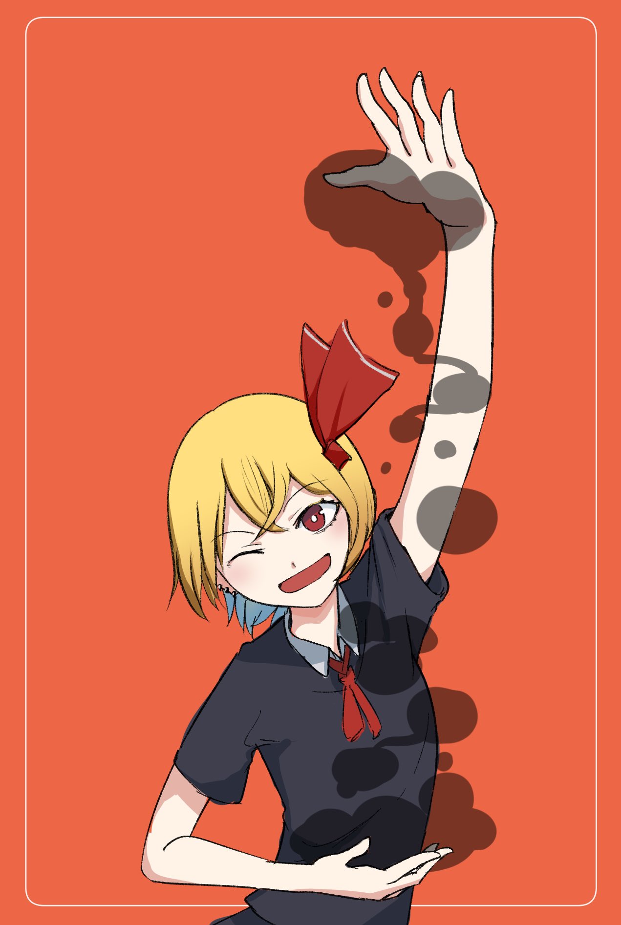 1girl, adapted_costume, arm_up, black_shirt, blonde_hair, blue_hair, collar, collared_shirt, colored_inner_hair, commentary_request, darkness, ear_piercing, hair_ribbon, highres, multicolored_hair, nanachise7, neck_ribbon, one_eye_closed, open_mouth, orange_background, piercing, red_eyes, red_ribbon, ribbon, rumia, shirt, short_hair, short_sleeves, touhou, umbrakinesis, upper_body, white_collar