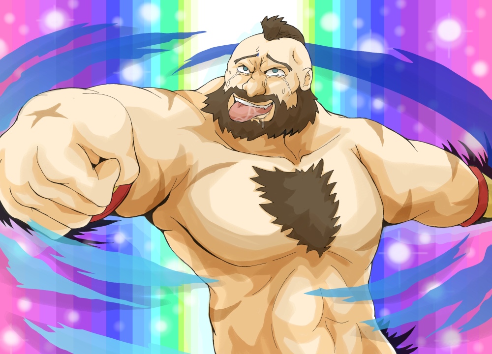 ahegao, beard, capcom, facial_hair, heaven_condition, kurogane_(scrapsteel), male, muscle, parody, scar, street_fighter, tongue, zangief