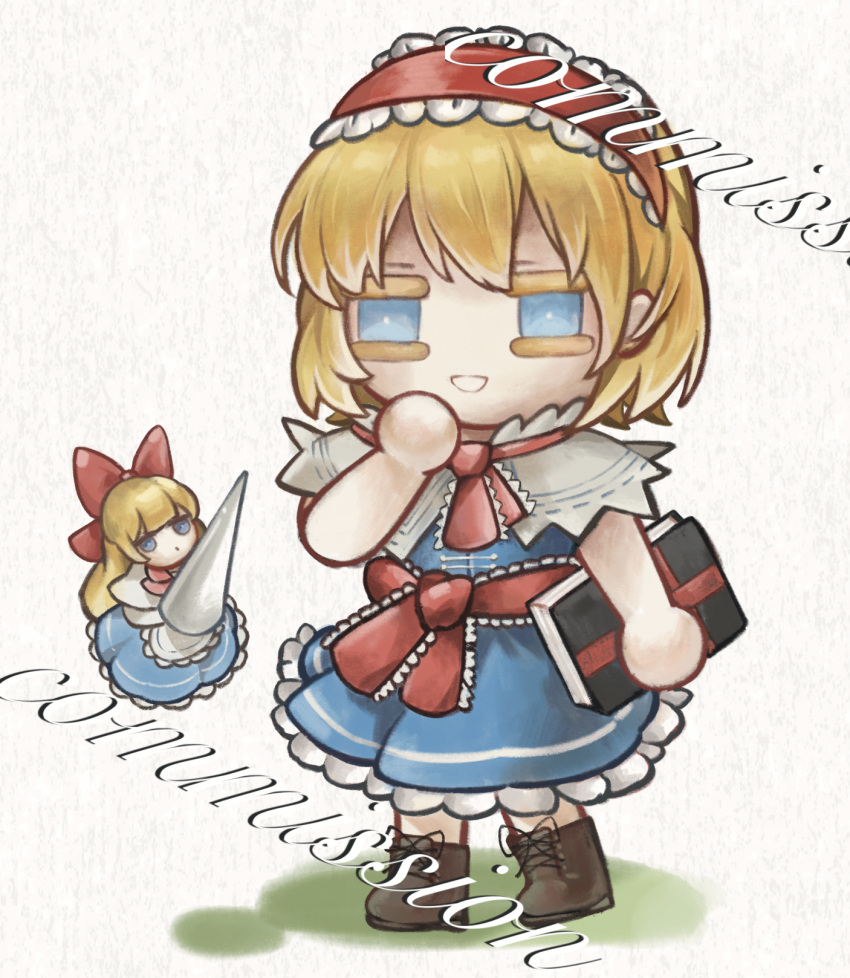 1girl, alice_margatroid, black_boots, black_ribbon, blonde_hair, blue_dress, blue_eyes, book