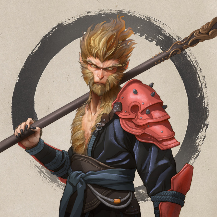 1boy, armor, beard, black_myth:_wukong, black_nails, black_shirt, blonde_hair, bmwsb0