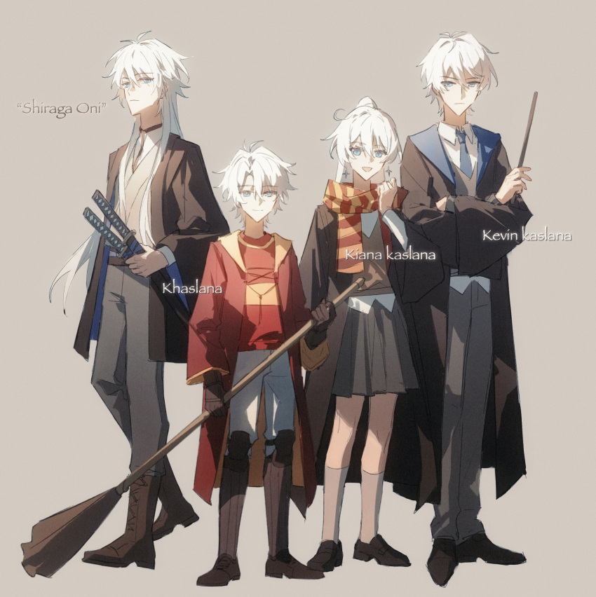 1girl, 3boys, aged_down, alternate_costume, alternate_universe, antenna_hair, black_gloves, black_robe