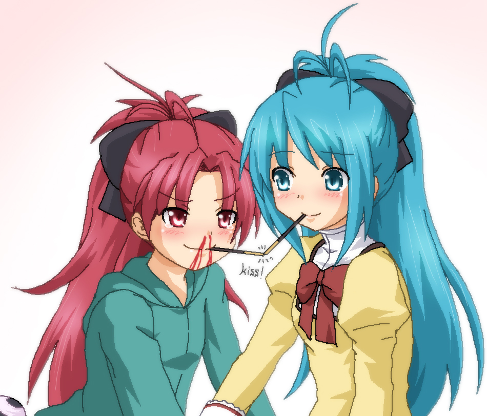 3girls, alternate_hair_length, alternate_hairstyle, blood, blue_eyes, blue_hair, english, hayashiya_zankurou
