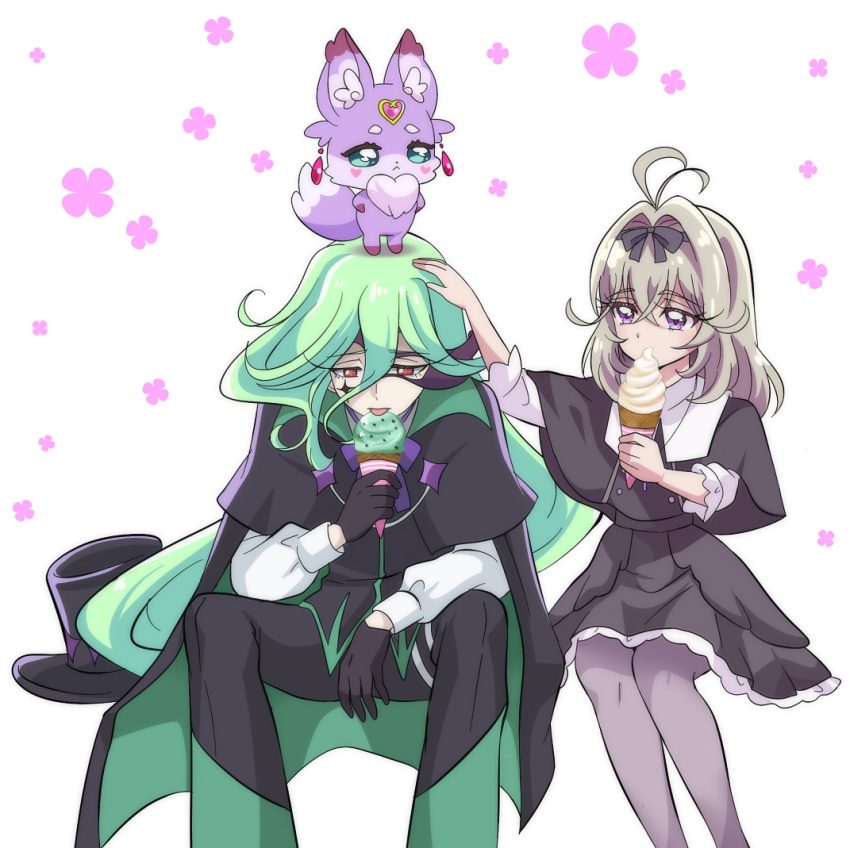 1boy, 1girl, animal_on_head, antenna_hair, black_cape, black_capelet, black_dress, black_hat, black_pants, black_ribbon, black_vest, cape, capelet, closed_mouth, commentary, dress, eating, food, frilled_dress, frills, frown, green_cape, green_eyes, green_hair, grey_hair, grey_pantyhose, hair_intakes, hair_ribbon, half-closed_eyes, hat, holding, holding_food, ice_cream_cone, jewelry, long_hair, long_sleeves, looking_at_another, mashu-tan, medium_dress, medium_hair, meitantei_precure!, moria_luluka, necklace, nijee, on_head, pants, pantyhose, petting, precure, ribbon, sad, shirt, sitting, tmara_suki, top_hat, two-sided_cape, two-sided_fabric, unworn_hat, unworn_headwear, very_long_hair, vest, violet_eyes, white_background, white_shirt
