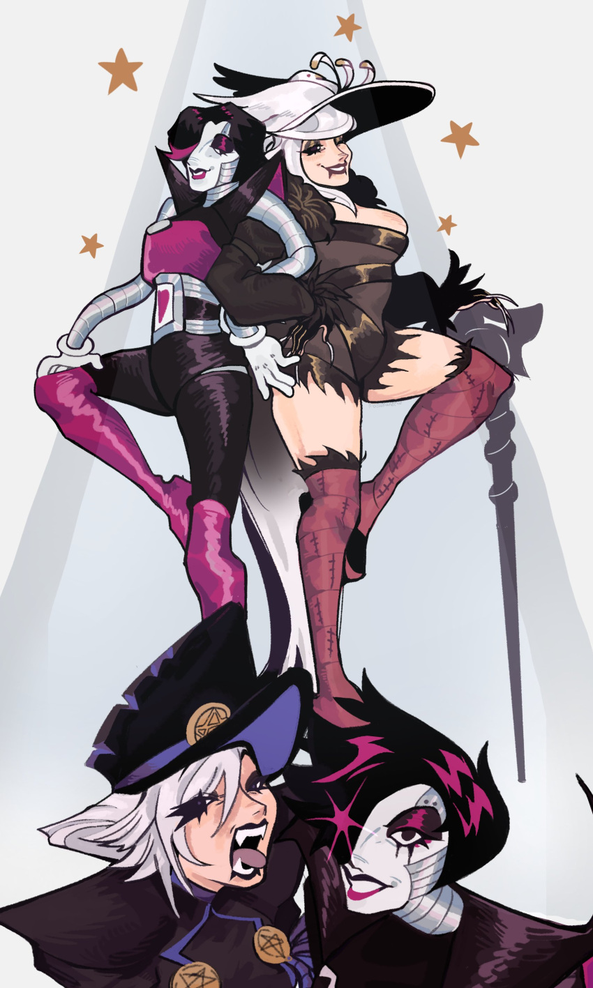 1boy, 1girl, absurdres, android, black_lips, boots, cane, colored_skin, commentary, english_commentary, gachiakuta, grin, hair_over_one_eye, half-closed_eyes, hat, highres, leg_up, locked_arms, looking_at_viewer, marwie, metal_skin, mettaton, mettaton_ex, multicolored_skin, open_mouth, purple_boots, purple_hair, robot_boy, short_jumpsuit, simple_background, smile, standing, standing_on_one_leg, thigh_boots, too_lily, undertale, utdr_(toby_fox)