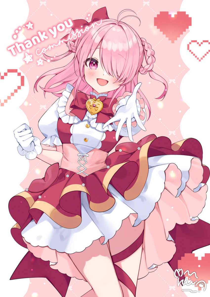 1girl, :d, antenna_hair, blush, bow, bowtie, braid, braided_hair_rings