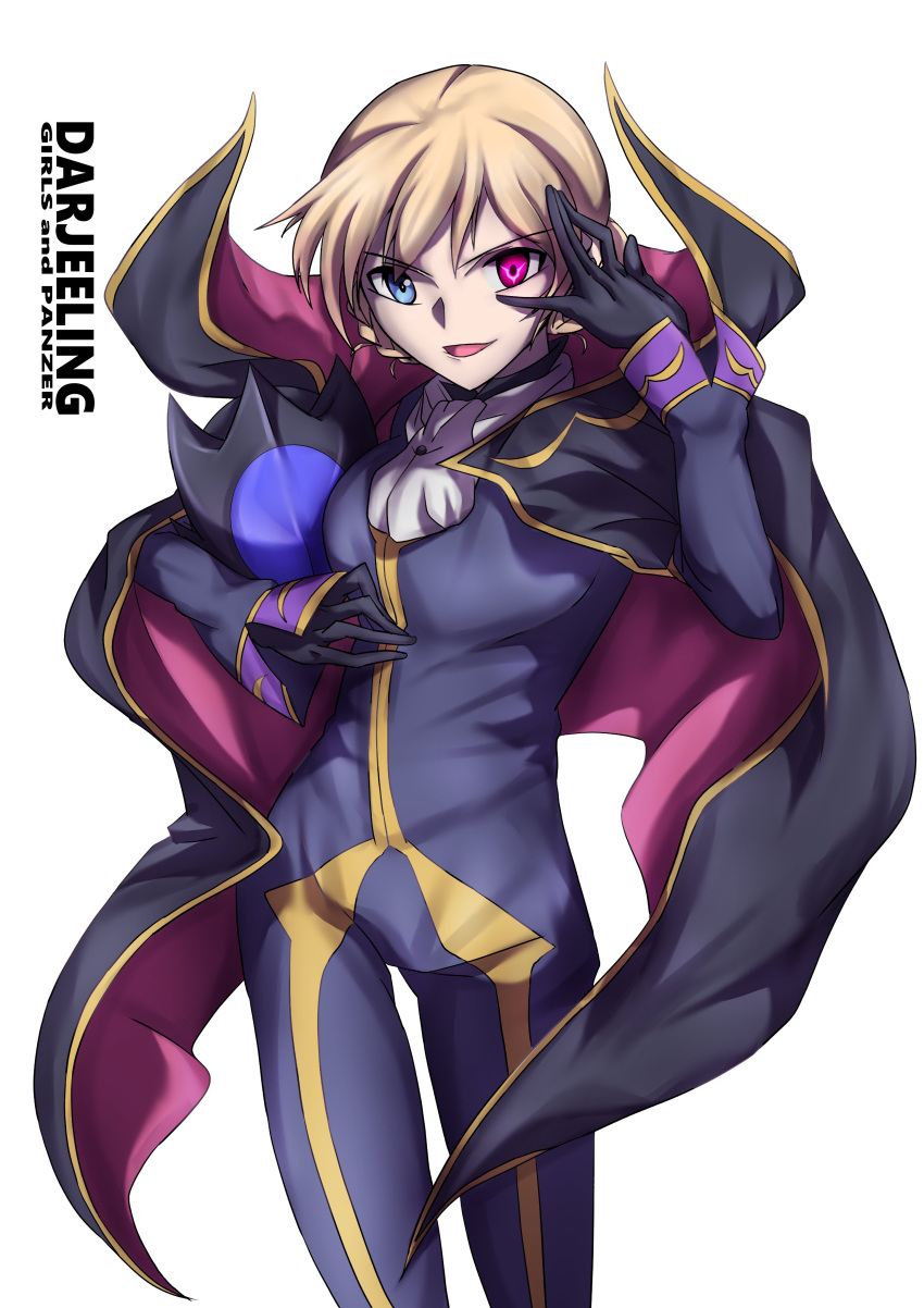 1girl, 9s0ykoyama117, absurdres, black_cape, black_gloves, blonde_hair, blue_eyes, braid, breasts, cape, code_geass, commentary, cosplay, darjeeling_(girls_und_panzer), geass, girls_und_panzer, gloves, hair_between_eyes, helmet, highres, lelouch_vi_britannia, lelouch_vi_britannia_(cosplay), long_sleeves, looking_at_viewer, nape_braid, one-hour_drawing_challenge, open_mouth, short_hair, simple_background, smile, solo, twin_braids, white_background, zero_(code_geass), zero_(code_geass)_(cosplay)