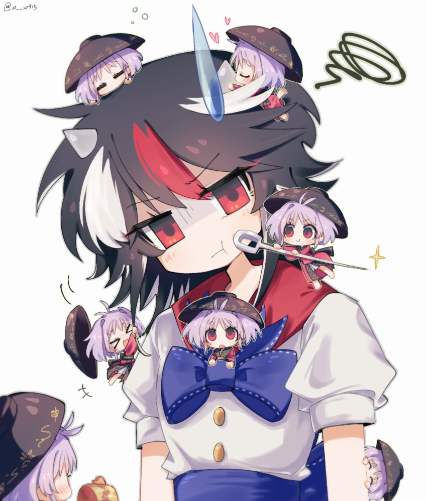 >_<, +++, 6+girls, :d, :t, antenna_hair, back_bow, black_hair