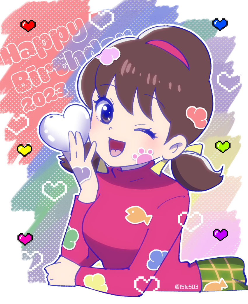 1girl, bow, brown_hair, commentary, green_skirt, hair_bow, happy_birthday, heart