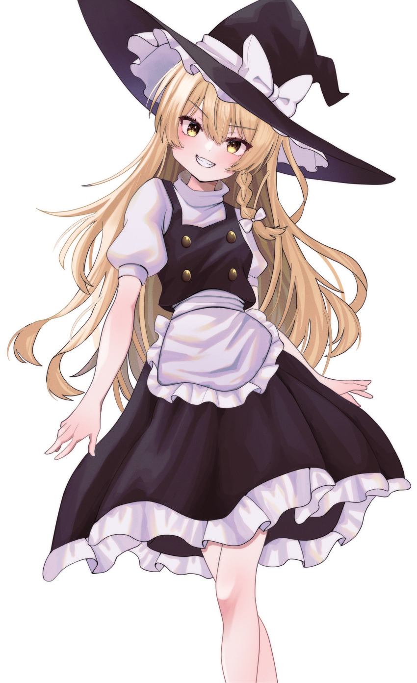1girl, :d, absurdres, apron, black_hat, black_skirt, black_vest, blonde_hair, blush, bow, braid, buttons, commentary, dinotodon, double-breasted, feet_out_of_frame, frilled_apron, frilled_skirt, frills, grin, hair_between_eyes, hair_bow, hat, hat_bow, head_tilt, highres, kirisame_marisa, long_hair, looking_at_viewer, puffy_short_sleeves, puffy_sleeves, shirt, short_sleeves, simple_background, single_braid, skirt, smile, smug, solo, standing, touhou, turtleneck, turtleneck_shirt, v-shaped_eyebrows, very_long_hair, vest, waist_apron, white_apron, white_background, white_bow, white_shirt, witch_hat, yellow_eyes
