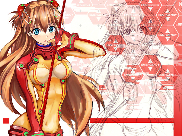 blue_eyes, blush, breasts, evangelion:_2.0_you_can_(not)_advance, finger_to_mouth, lance_of_longinus, long_hair, navel