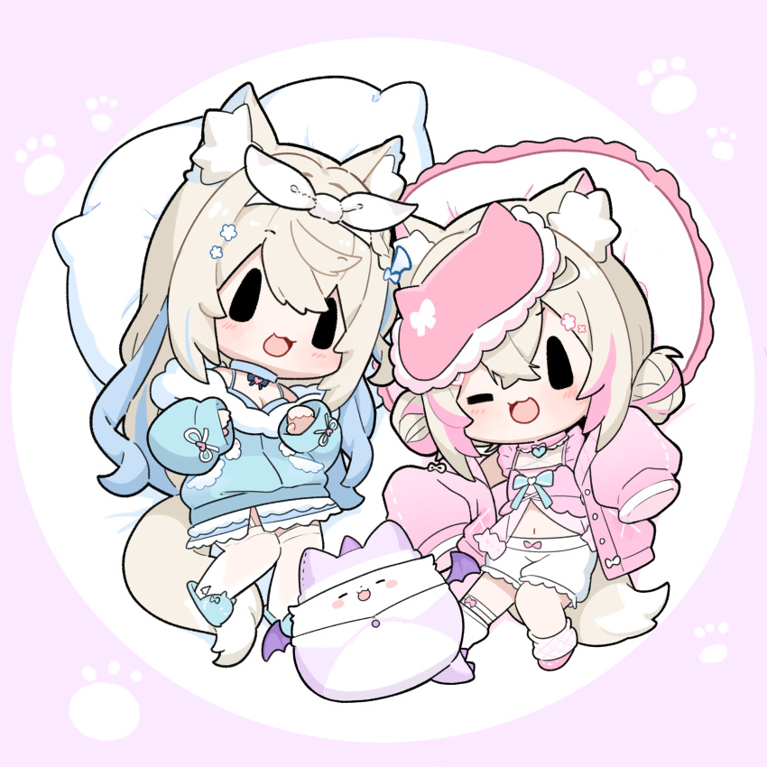 2girls, :3, :d, absurdres, black_eyes, blue_jacket, blue_streaks, chibi
