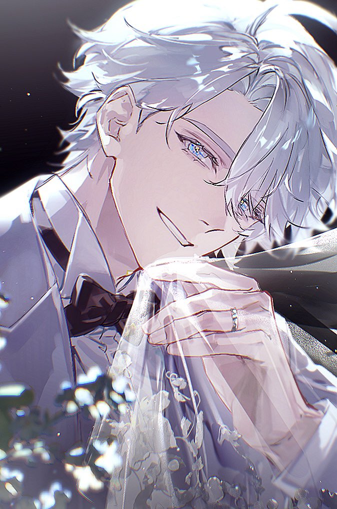 1boy, antenna_hair, black_bow, black_bowtie, blue_eyes, bow, bowtie, collared_shirt, commentary_request, glazed108642, honkai:_star_rail, honkai_(series), jacket, jewelry, korean_commentary, looking_at_viewer, male_focus, parted_bangs, phainon_(honkai:_star_rail), ring, shirt, short_hair, solo, white_hair, white_jacket, white_shirt