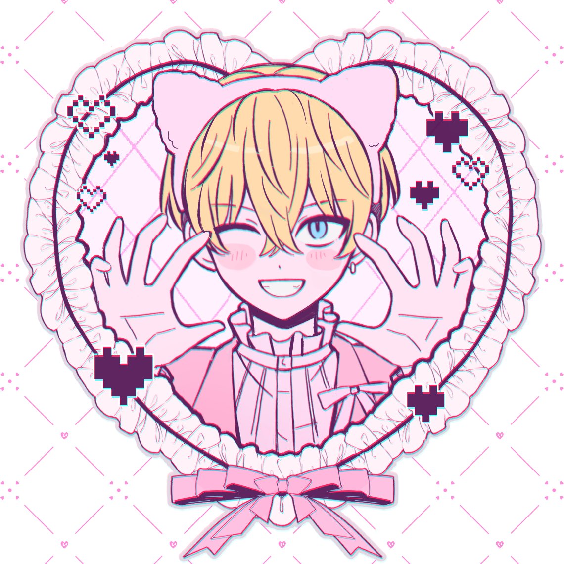 1boy, animal_ear_hairband, animal_ears, blonde_hair, blue_eyes, blush_stickers, bow, cat_ear_hairband, cat_ears, claw_pose, commentary, earrings, fake_animal_ears, grin, hair_between_eyes, hairband, heart, jewelry, male_focus, matsuno_chifuyu, namco_namja_town, ocolayapap, one_eye_closed, pink_bow, pink_hairband, pink_shirt, pixel_heart, shirt, short_hair, single_earring, smile, tokyo_revengers, untranslatable_commentary, upper_body