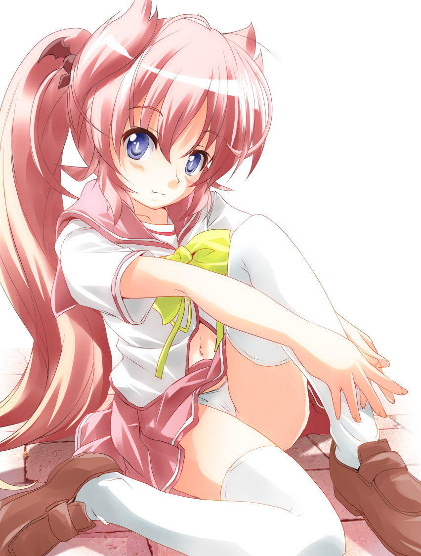 animal_ears, blue_eyes, blush, bow, itsuka_tenma_no_kuro_usagi, loafers, long_hair, navel