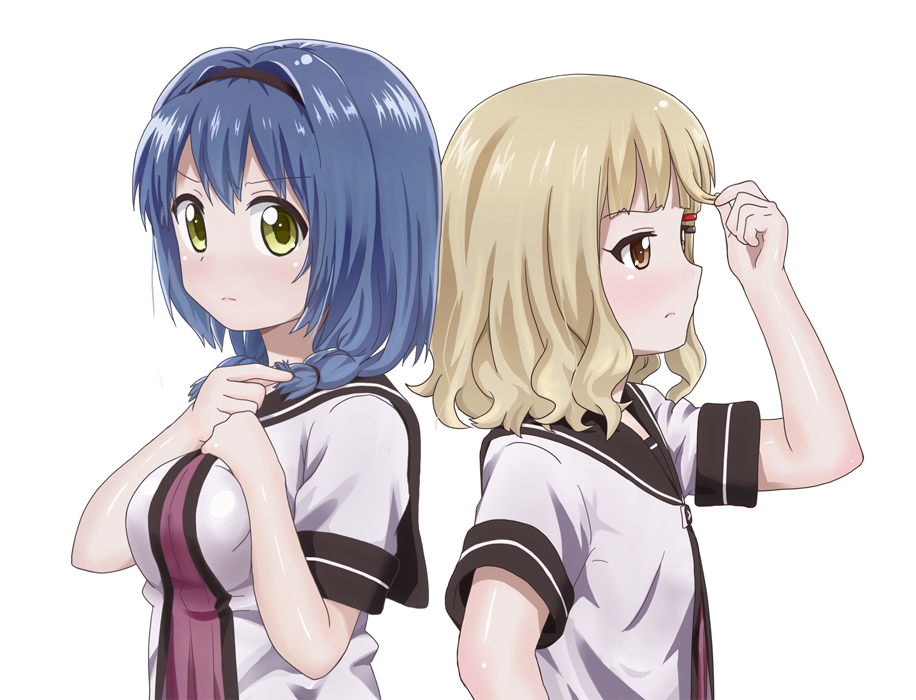 blonde_hair, blue_hair, furutani_himawari, hair_ornament, hairclip, long_hair, multiple_girls, nnaoki