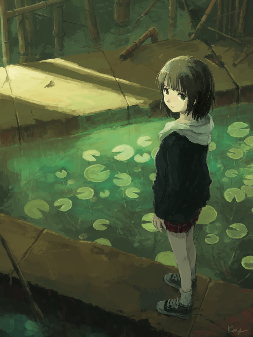 1girl, :|, black_hoodie, blunt_bangs, closed_mouth, commentary_request, dilapidated, flower, from_above, full_body, green_eyes, green_water, highres, hood, hoodie, industrial_pipe, kensight328, looking_back, medium_hair, miniskirt, original, painterly, plaid_clothes, plaid_skirt, pond, ruins, scenery, shoes, signature, skirt, sneakers, socks, solo, standing, turning_head, water_lily_flower, white_socks