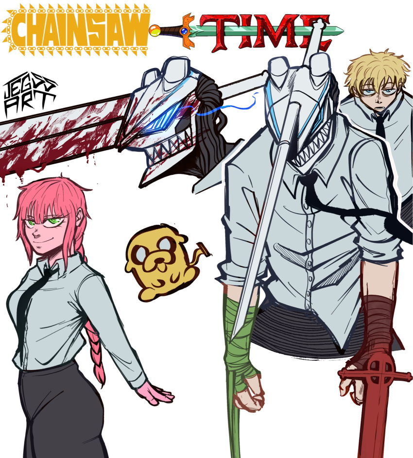1boy, 1girl, adventure_time, black_necktie, blonde_hair, blue_eyes, braid, braided_ponytail
