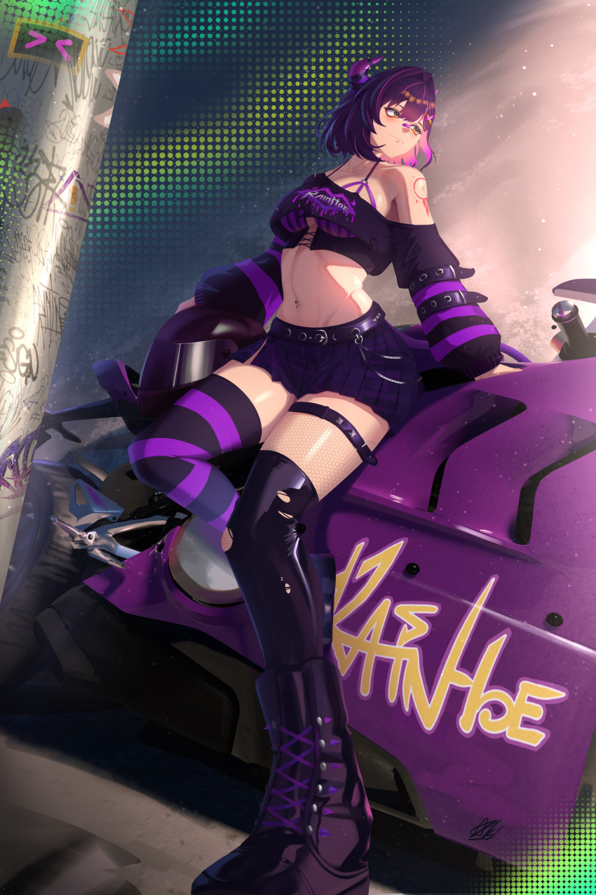 1girl, absurdres, akireimiki, bandaid, bandaid_on_face, bandaid_on_nose, belt, black_hair, black_thighhighs, boots, bra, breasts, commentary, demon_girl, demon_horns, demon_tail, detached_sleeves, english_commentary, fishnets, graffiti, hair_ornament, helmet, highres, horns, indie_virtual_youtuber, long_sleeves, motor_vehicle, motorcycle, motorcycle_helmet, multicolored_hair, navel, navel_piercing, piercing, pleated_skirt, purple_hair, purple_horns, purple_streaks, rainhoe, short_hair, single_bare_shoulder, skirt, streaked_hair, striped_bra, striped_clothes, tail, tattoo, thick_thighs, thigh-highs, thigh_strap, thighs, underwear, virtual_youtuber, x_hair_ornament, yellow_eyes