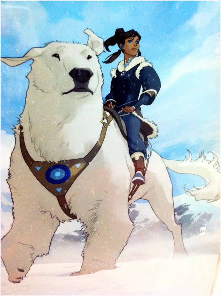 avatar_legends, blue_eyes, brown_hair, dark_skin, dog, fur_trim, fusion, hair_tubes