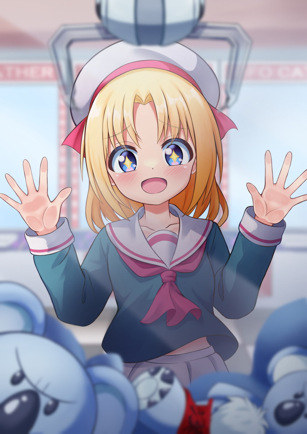 1girl, against_glass, ak13077, aqua_shirt, beret, blonde_hair, blue_eyes, commentary_request