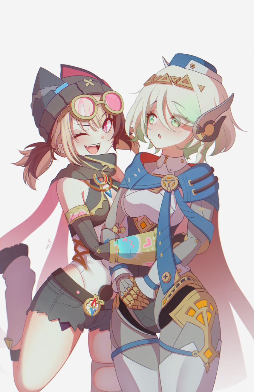 2girls, ;d, absurdres, android, black_hat, blonde_hair, blue_hat, blush