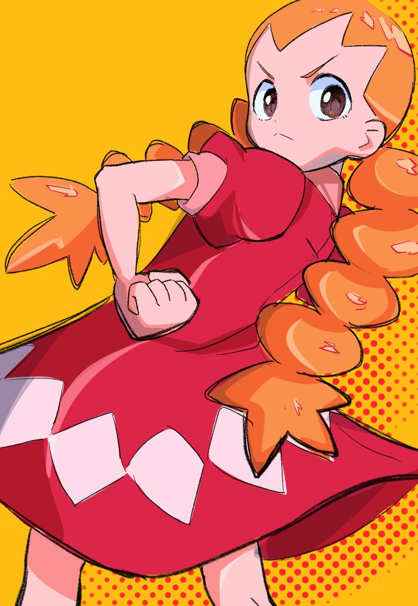 1girl, blonde_hair, braid, brown_eyes, clenched_hand, closed_mouth, dress, from_behind
