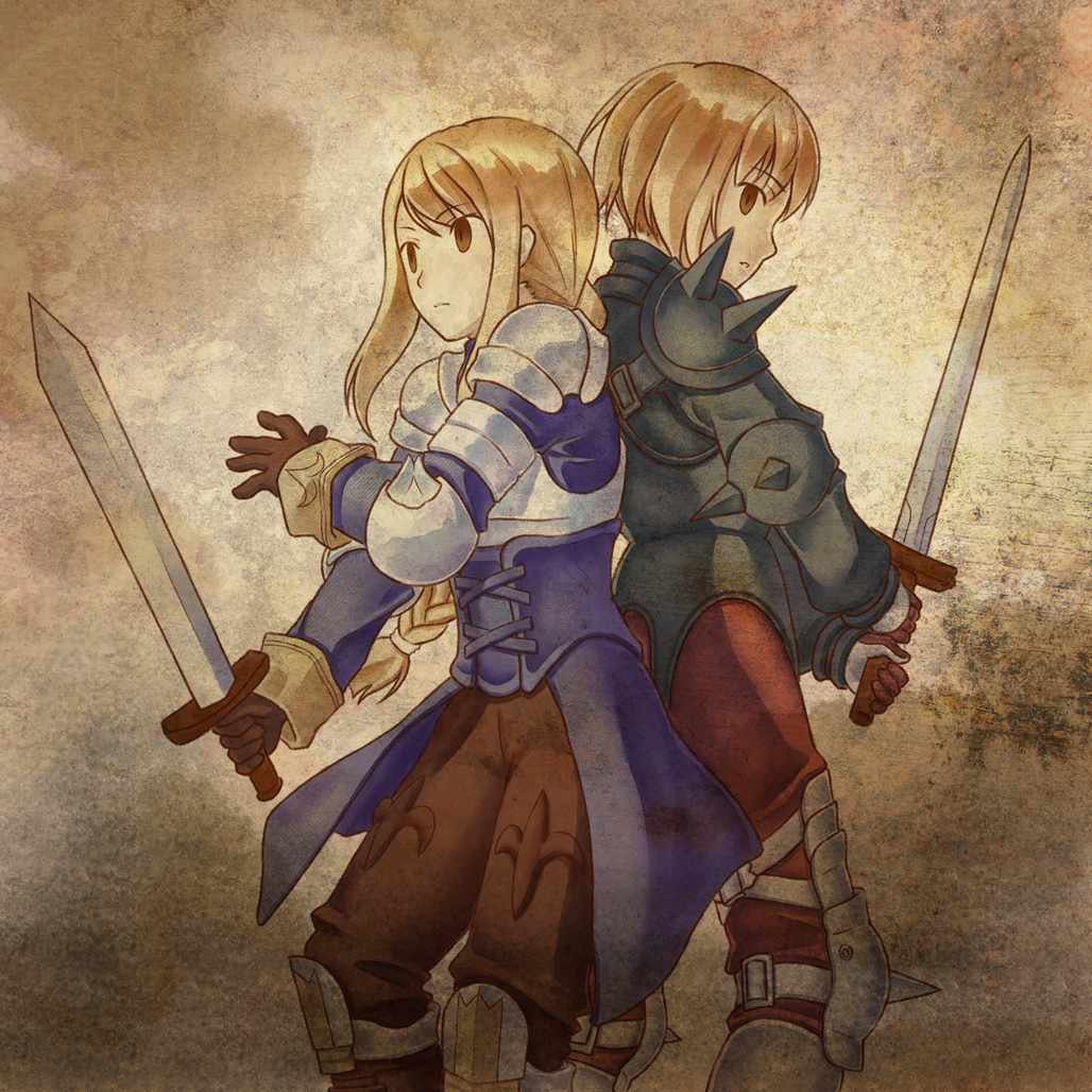 angelsyndrome, armor, back-to-back, blonde_hair, boots, braid, brown_eyes, final_fantasy, final_fantasy_tactics, gloves, long_hair, ramza_beoulve, single_braid, spikes, sword, weapon