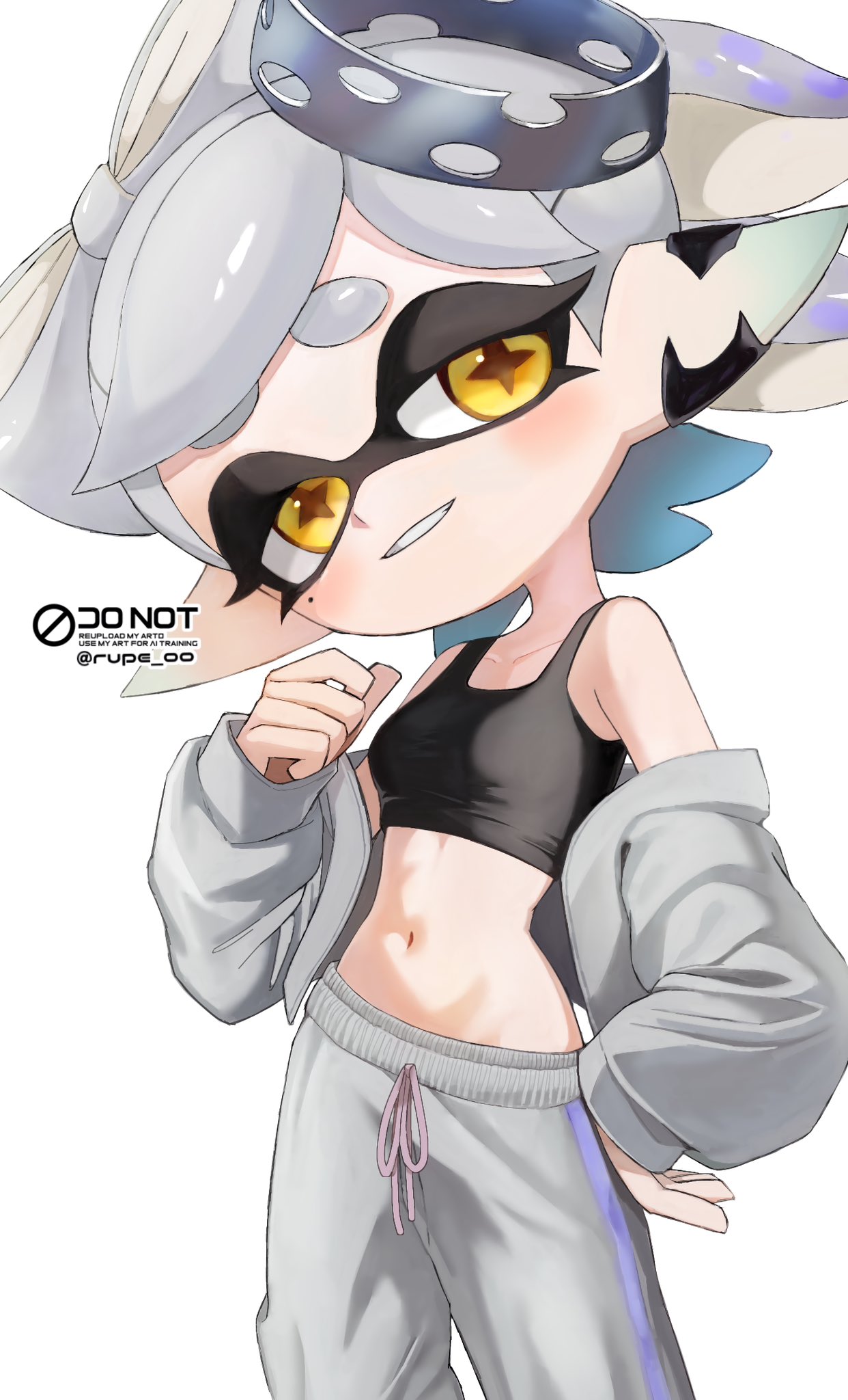 +_+, 1girl, baggy_pants, black_camisole, bow-shaped_hair, breasts, camisole, commentary_request, crop_top, grey_hair, grey_pants, highres, inkling, jacket, marie_(splatoon), mole, mole_under_eye, object_on_head, official_alternate_costume, pants, pointy_ears, rupe_oo, solo, splatoon_(series), swept_bangs, tentacle_hair, updo, yellow_eyes