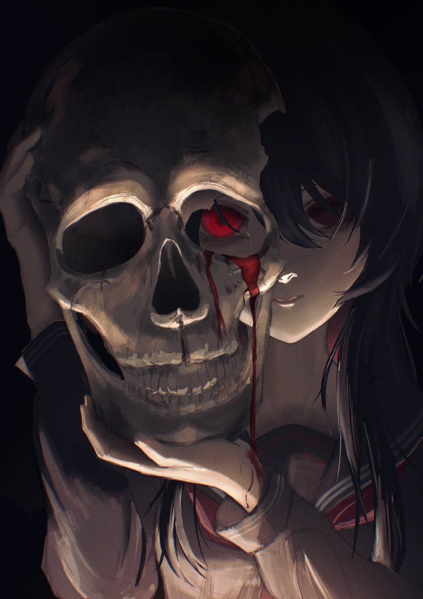 1girl, absurdres, black_hair, black_sailor_collar, black_serafuku, bleeding, blood, blood_on_hands