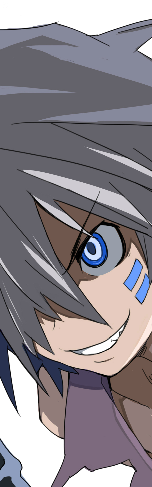 blue_eyes, close-up, disgaea, gig, grey_hair, grin, hair_over_one_eye, harada_takehito