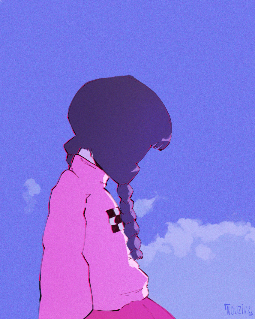 1girl, absurdres, artist_name, braid, clouds, cloudy_sky, commentary, cowboy_shot