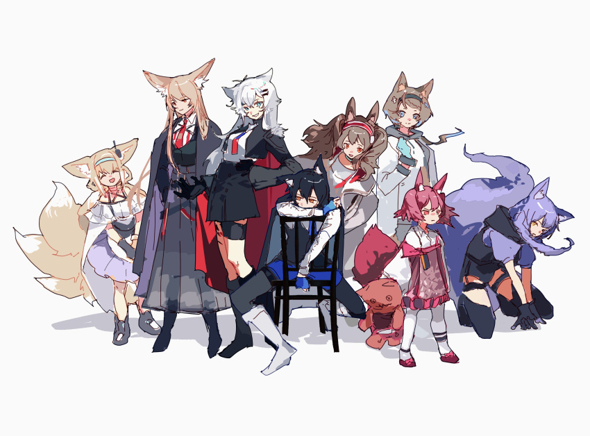 6+girls, absurdres, angelina_(arknights), animal_ear_fluff, animal_ears, aqua_hairband, arknights, aroma_(arknights)