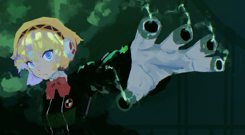 1girl, :/, aigis_(persona), black_jacket, blonde_hair, blue_eyes, bow, bowtie