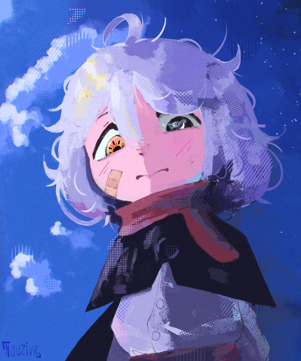 1girl, ahoge, artist_name, bandaid, black_eyes, blue_sky, borrowed_character, cape