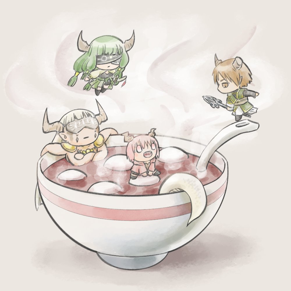2boys, 2girls, blindfold, blindfold_mask, bowl, braid, brown_eyes, brown_hair