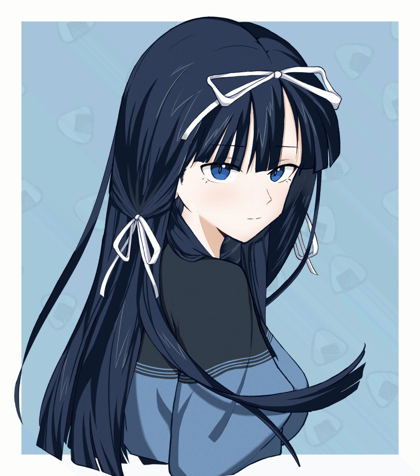 1girl, absurdres, black_hair, blue_eyes, food, hair_ribbon, highres, long_hair