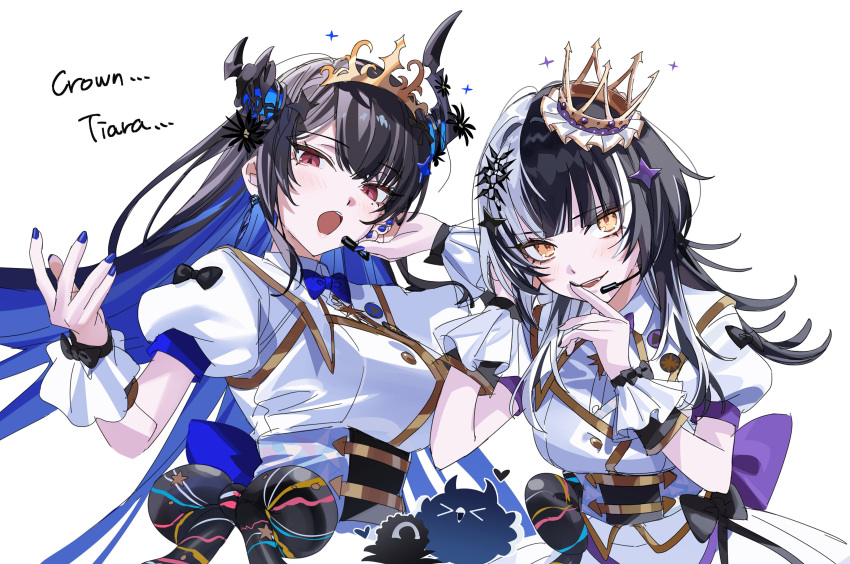 2girls, absurdres, asymmetrical_horns, black_hair, blue_hair, breasts, colored_inner_hair, commentary_request