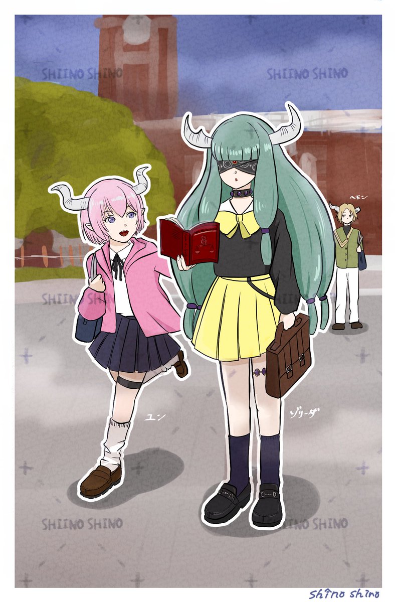 1boy, 2girls, backpack, bag, black_choker, blindfold, blindfold_mask, blonde_hair