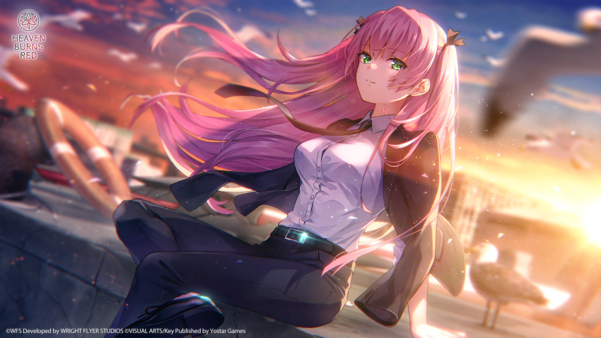 1girl, aikawa_megumi, aikawa_megumi_(twilight_maturation), backlighting, belt, bird, black_belt, black_jacket