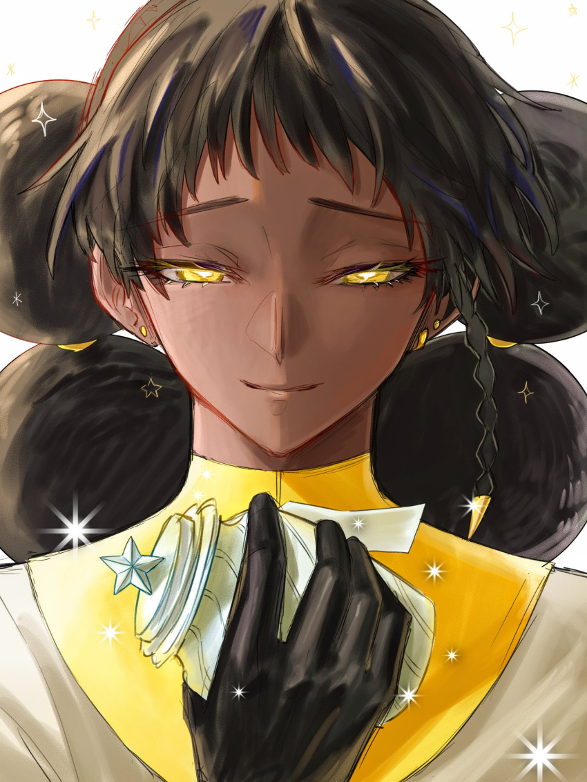 1girl, afro_puffs, black_gloves, black_hair, braid, closed_mouth, commentary_request, dark-skinned_female