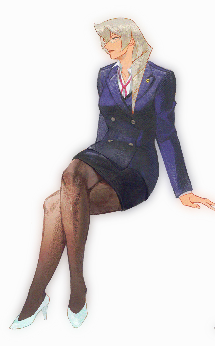 1girl, absurdres, ace_attorney, apollo_justice:_ace_attorney, arm_support, badge, black_pantyhose, black_skirt