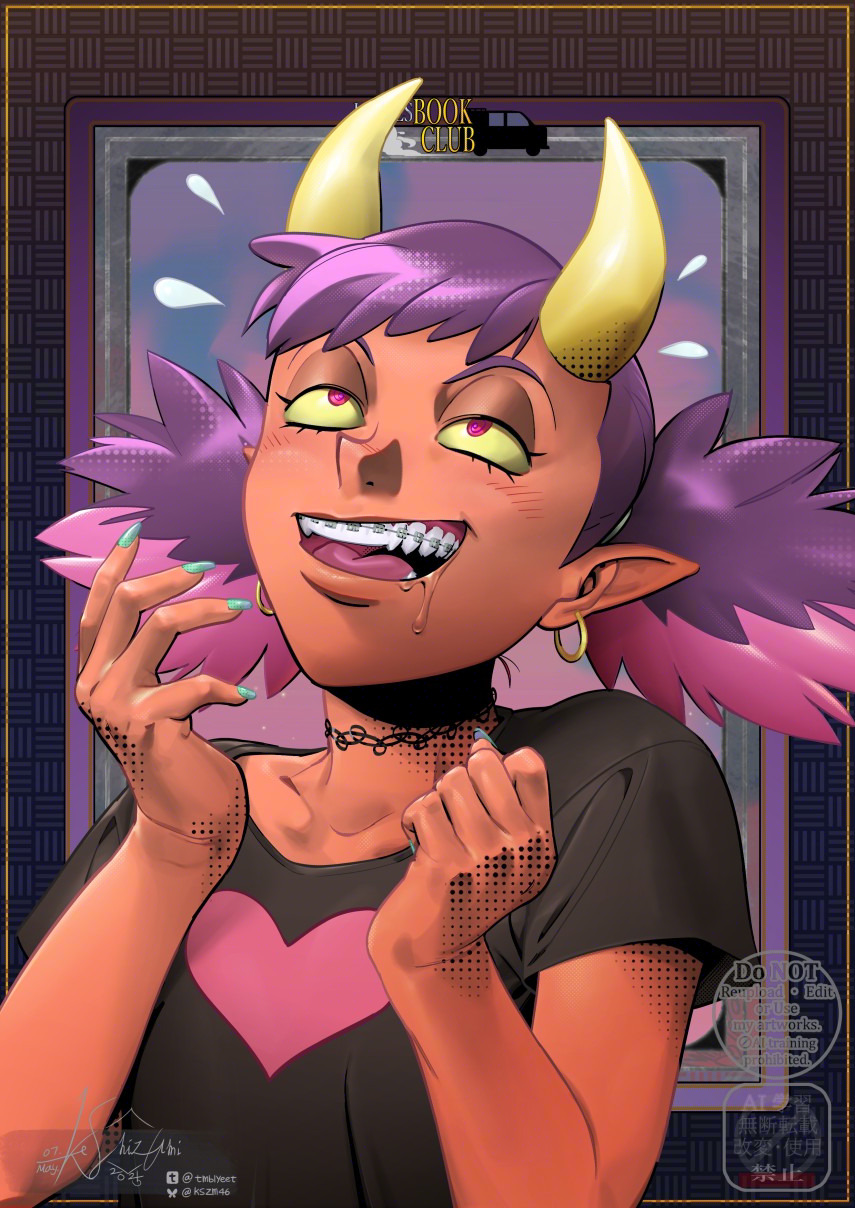 1girl, blush, braces, choker, collarbone, colored_sclera, colored_skin, drawga