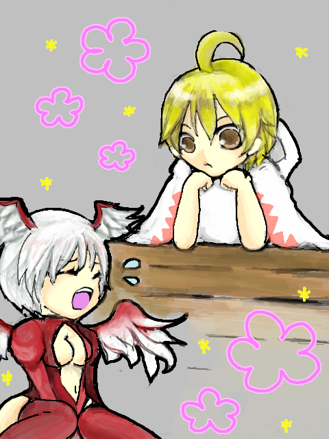 angel_wings, arufe, breasts, chibi, cleavage, cleavage_cutout, closed_eyes, eyes_closed, final_fantasy, final_fantasy_tactics, head_wings, open_mouth, ramza_beoulve, robe, short_hair, silver_hair, tears, tegaki, thigh-highs, thighhighs, ultima_(fft), white_mage, white_mage_(fft), wings