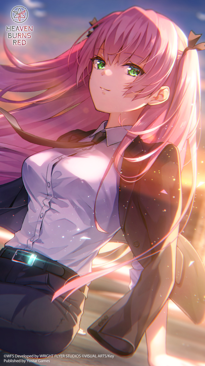 1girl, aikawa_megumi, aikawa_megumi_(twilight_maturation), backlighting, belt, black_belt, black_jacket, black_necktie