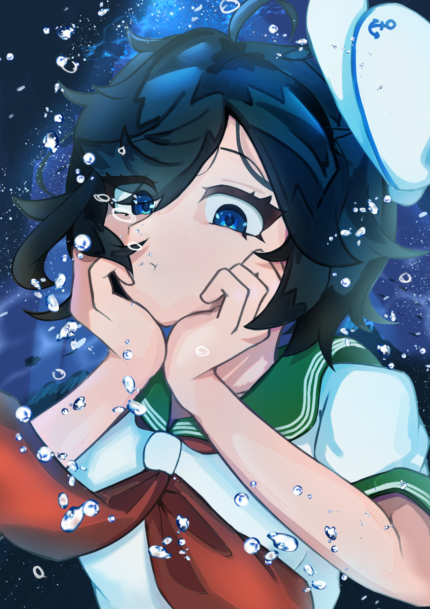 1girl, absurdres, air_bubble, anchor_symbol, black_hair, blue_eyes, bubble, closed_mouth, collared_shirt, commentary_request, hands_on_own_chin, hat, highres, murasa_minamitsu, neckerchief, rami_(rmtt588), red_neckerchief, sailor_hat, shirt, short_hair, short_sleeves, solo, touhou, underwear, upper_body, white_hat, white_shirt