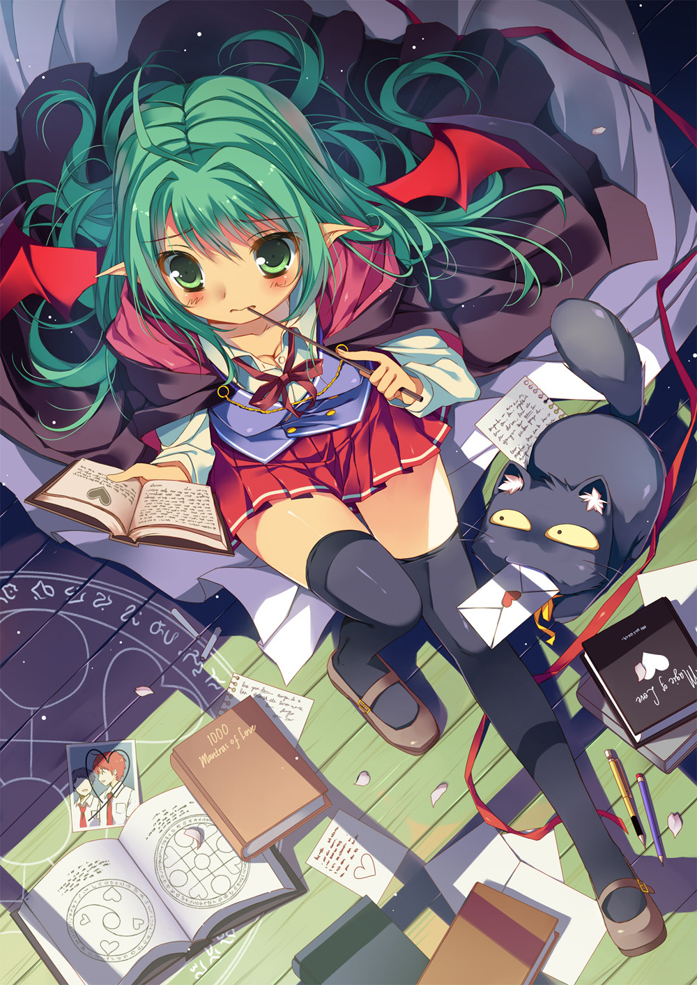 black_legwear, blush, book, breasts, cape, cat, chalk, cherry_blossoms, cleavage, from_above, green_eyes, green_hair, heart, highres, letter, loafers, long_hair, magic_circle, masushita_ito, mechanical_pencil, original, pencil, photo, photo_(object), pleated_skirt, pointy_ears, ribbon, school_uniform, shoes, sitting, skirt, solo, thigh-highs, thighhighs, vest, wings, zettai_ryouiki