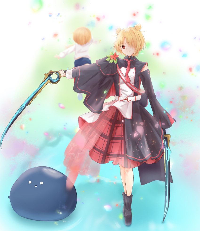 1girl, 1other, absurdres, brown_hair, commentary_request, double_bun, dual_wielding, hair_bun