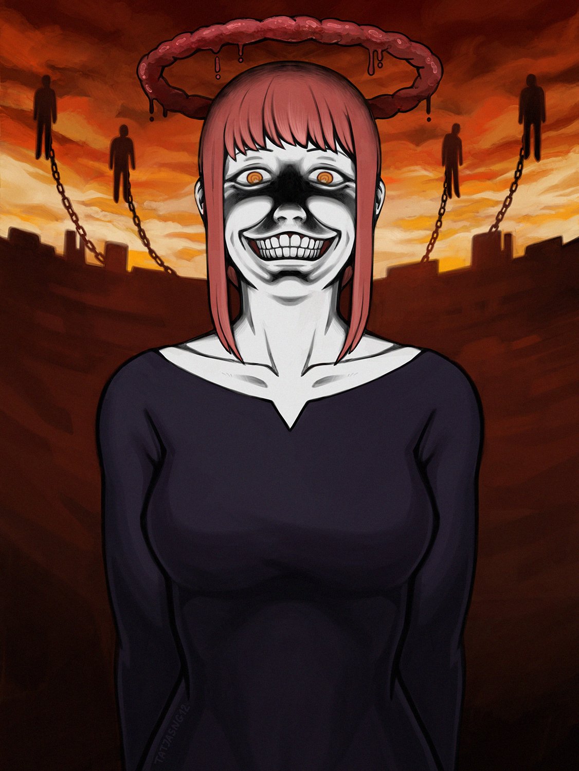 1girl, black_dress, blood_meridian, chain, chainsaw_man, dress, evil_smile, highres
